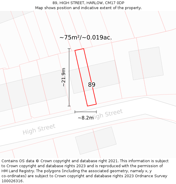 89, HIGH STREET, HARLOW, CM17 0DP: Plot and title map