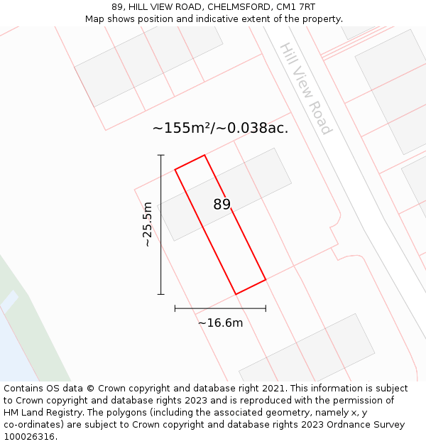 89, HILL VIEW ROAD, CHELMSFORD, CM1 7RT: Plot and title map