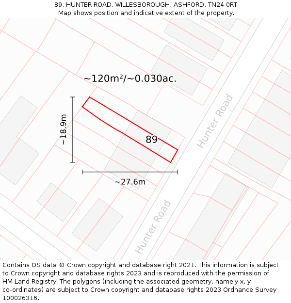 89, HUNTER ROAD, WILLESBOROUGH, ASHFORD, TN24 0RT: Plot and title map