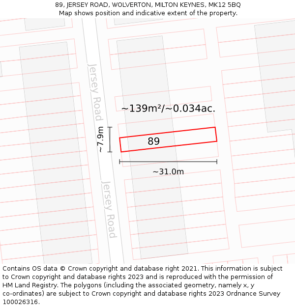 89, JERSEY ROAD, WOLVERTON, MILTON KEYNES, MK12 5BQ: Plot and title map