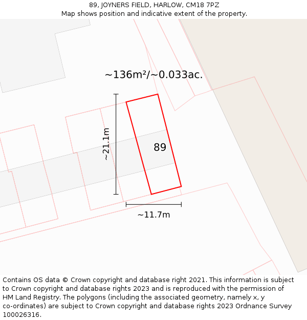 89, JOYNERS FIELD, HARLOW, CM18 7PZ: Plot and title map