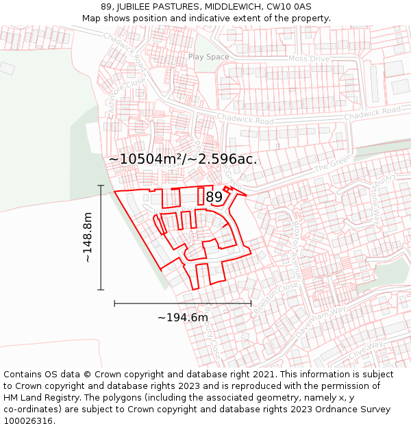89, JUBILEE PASTURES, MIDDLEWICH, CW10 0AS: Plot and title map