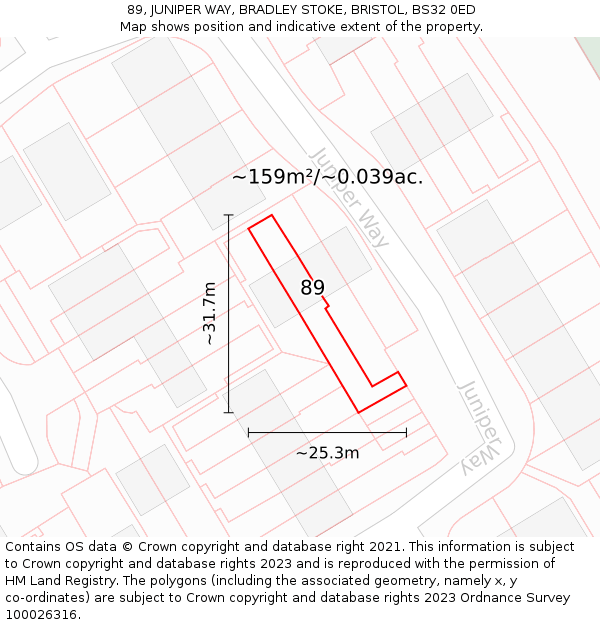 89, JUNIPER WAY, BRADLEY STOKE, BRISTOL, BS32 0ED: Plot and title map