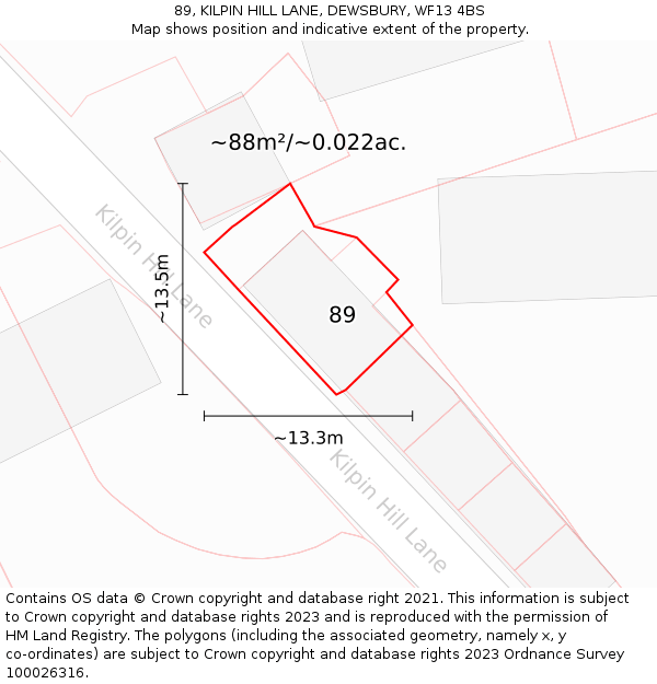 89, KILPIN HILL LANE, DEWSBURY, WF13 4BS: Plot and title map