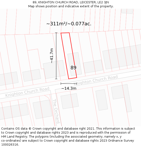 89, KNIGHTON CHURCH ROAD, LEICESTER, LE2 3JN: Plot and title map
