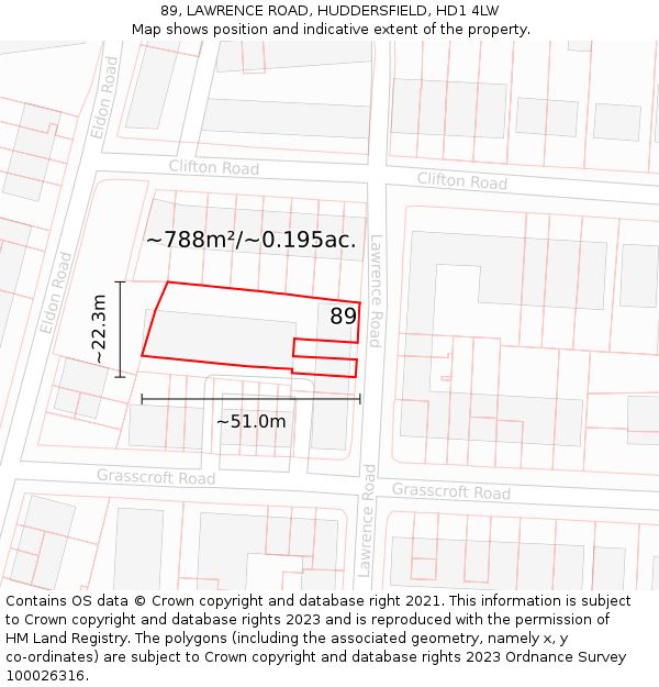 89, LAWRENCE ROAD, HUDDERSFIELD, HD1 4LW: Plot and title map