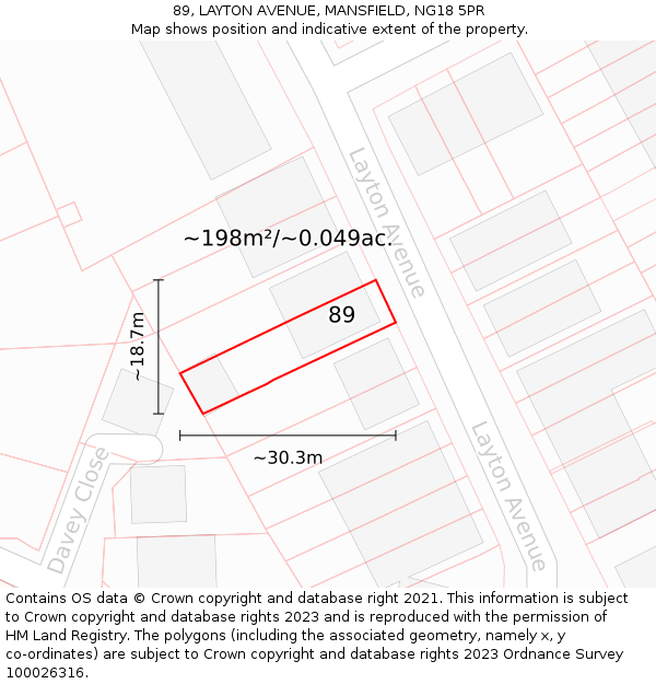 89, LAYTON AVENUE, MANSFIELD, NG18 5PR: Plot and title map
