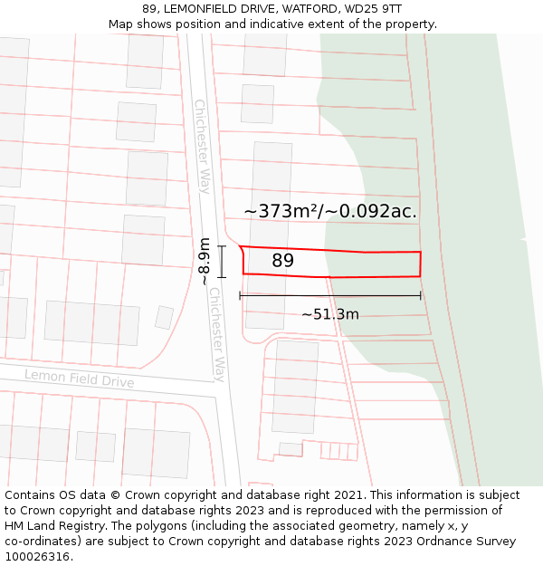 89, LEMONFIELD DRIVE, WATFORD, WD25 9TT: Plot and title map