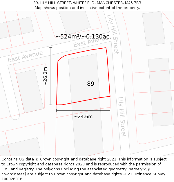 89, LILY HILL STREET, WHITEFIELD, MANCHESTER, M45 7RB: Plot and title map