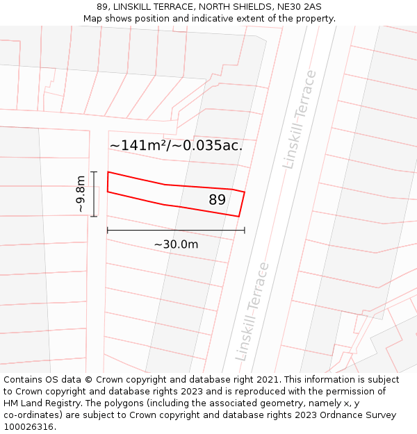 89, LINSKILL TERRACE, NORTH SHIELDS, NE30 2AS: Plot and title map