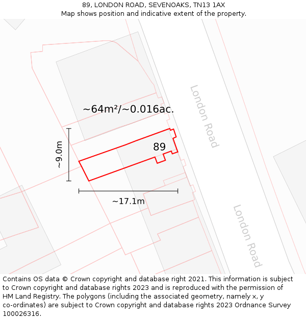89, LONDON ROAD, SEVENOAKS, TN13 1AX: Plot and title map
