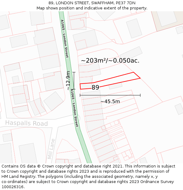 89, LONDON STREET, SWAFFHAM, PE37 7DN: Plot and title map