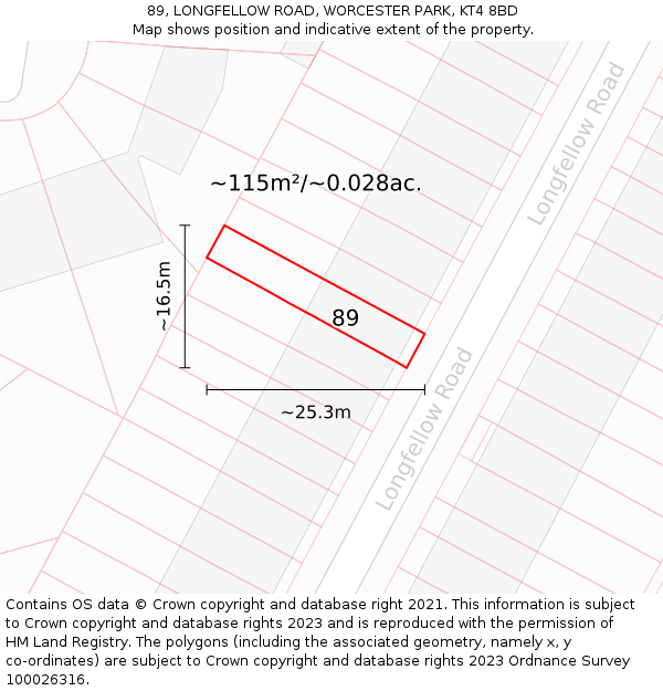 89, LONGFELLOW ROAD, WORCESTER PARK, KT4 8BD: Plot and title map