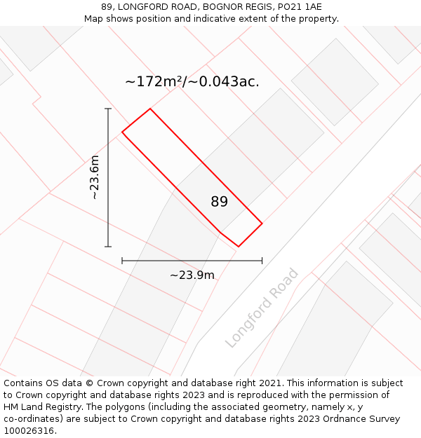 89, LONGFORD ROAD, BOGNOR REGIS, PO21 1AE: Plot and title map