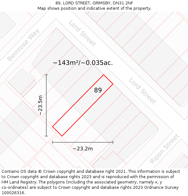 89, LORD STREET, GRIMSBY, DN31 2NF: Plot and title map