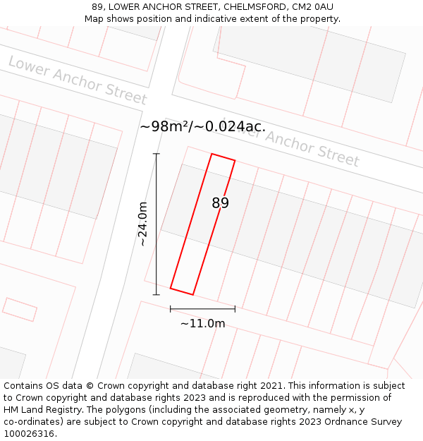 89, LOWER ANCHOR STREET, CHELMSFORD, CM2 0AU: Plot and title map