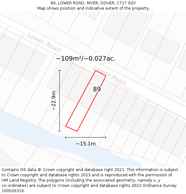 89, LOWER ROAD, RIVER, DOVER, CT17 0QY: Plot and title map