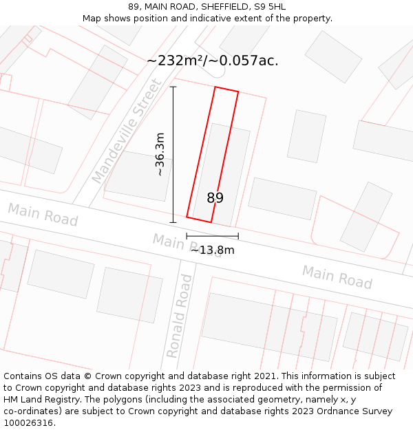 89, MAIN ROAD, SHEFFIELD, S9 5HL: Plot and title map