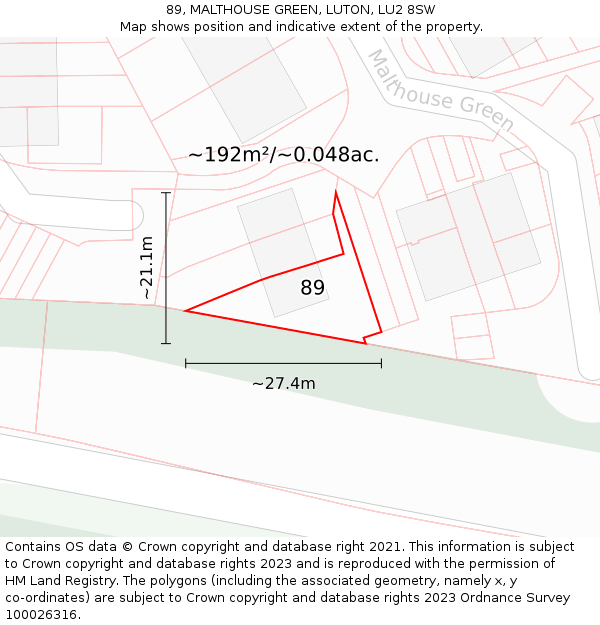 89, MALTHOUSE GREEN, LUTON, LU2 8SW: Plot and title map