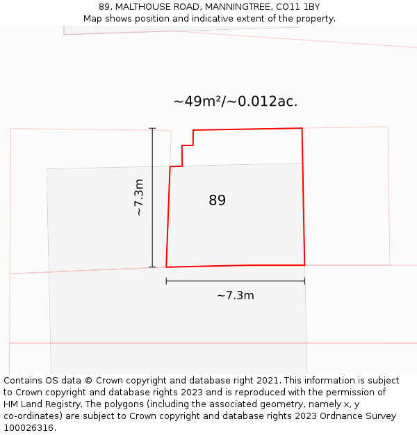 89, MALTHOUSE ROAD, MANNINGTREE, CO11 1BY: Plot and title map