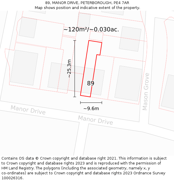 89, MANOR DRIVE, PETERBOROUGH, PE4 7AR: Plot and title map