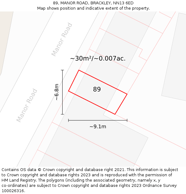 89, MANOR ROAD, BRACKLEY, NN13 6ED: Plot and title map