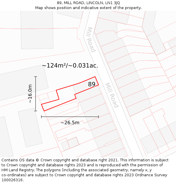89, MILL ROAD, LINCOLN, LN1 3JQ: Plot and title map