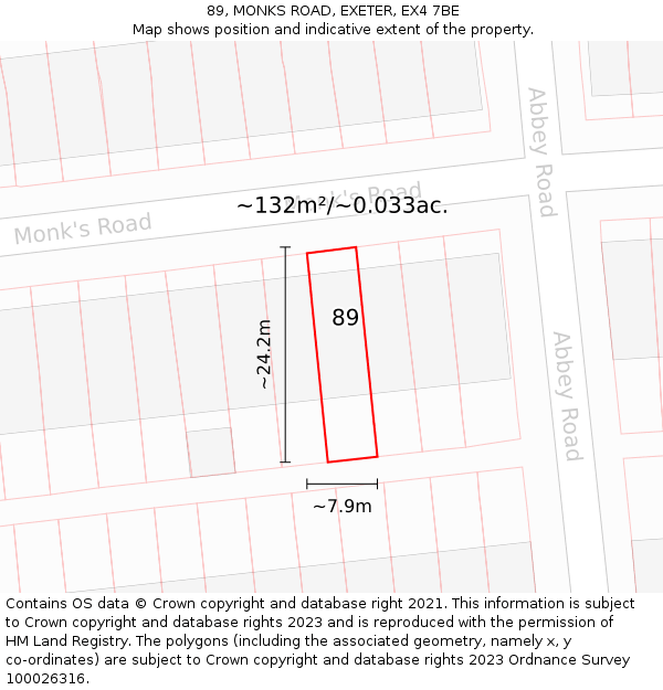 89, MONKS ROAD, EXETER, EX4 7BE: Plot and title map
