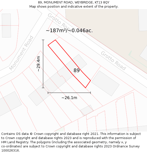 89, MONUMENT ROAD, WEYBRIDGE, KT13 8QY: Plot and title map