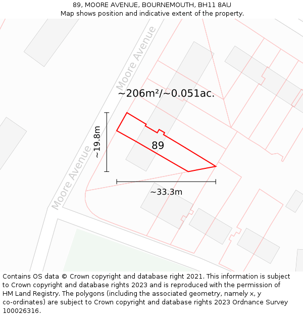 89, MOORE AVENUE, BOURNEMOUTH, BH11 8AU: Plot and title map