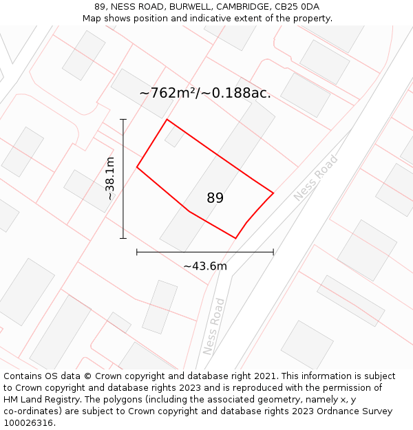 89, NESS ROAD, BURWELL, CAMBRIDGE, CB25 0DA: Plot and title map