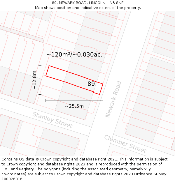 89, NEWARK ROAD, LINCOLN, LN5 8NE: Plot and title map