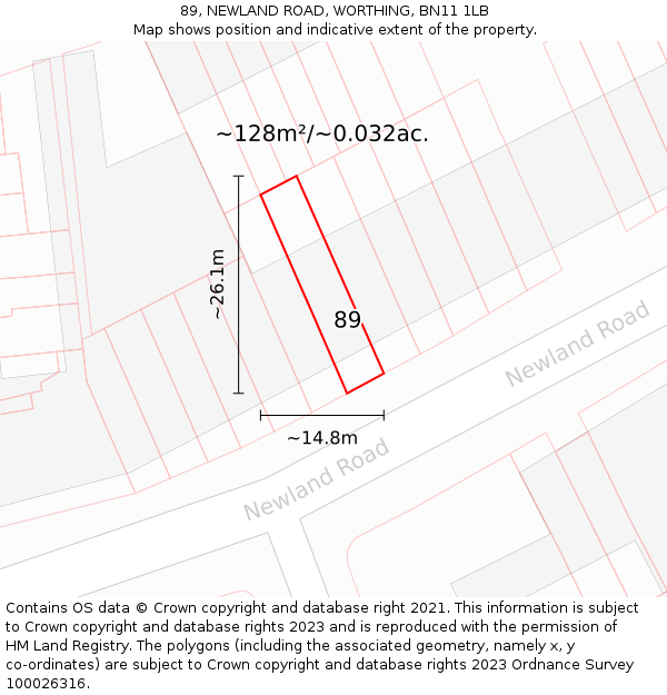 89, NEWLAND ROAD, WORTHING, BN11 1LB: Plot and title map