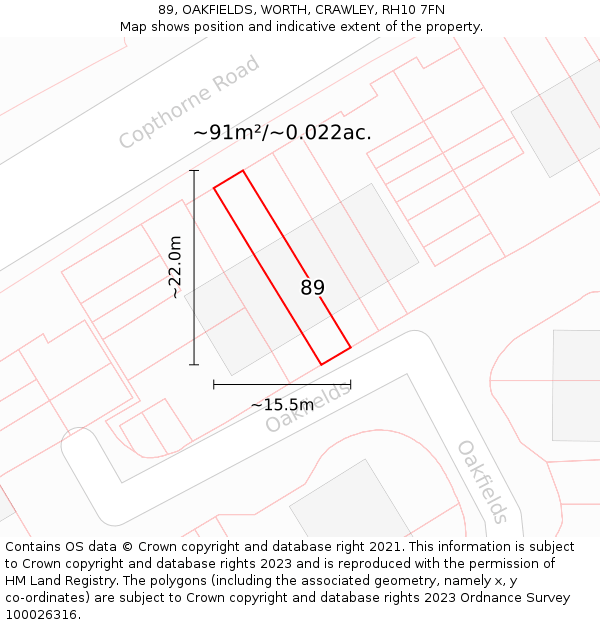 89, OAKFIELDS, WORTH, CRAWLEY, RH10 7FN: Plot and title map