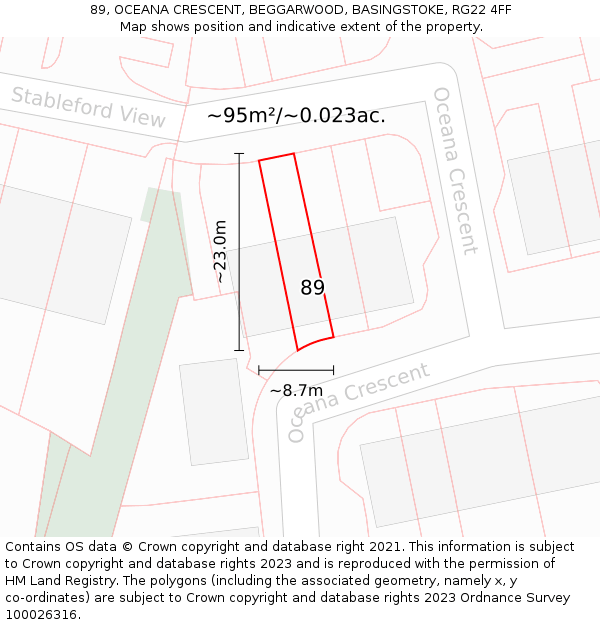 89, OCEANA CRESCENT, BEGGARWOOD, BASINGSTOKE, RG22 4FF: Plot and title map