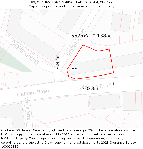 89, OLDHAM ROAD, SPRINGHEAD, OLDHAM, OL4 4PY: Plot and title map