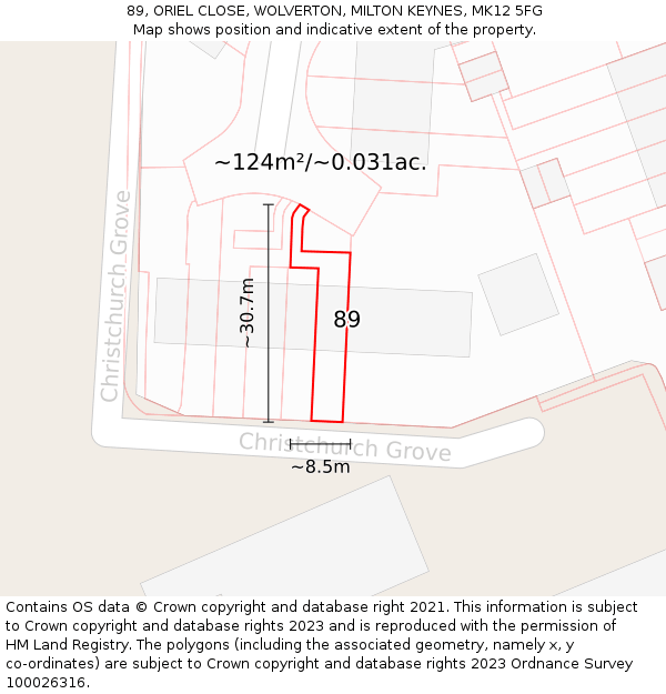89, ORIEL CLOSE, WOLVERTON, MILTON KEYNES, MK12 5FG: Plot and title map