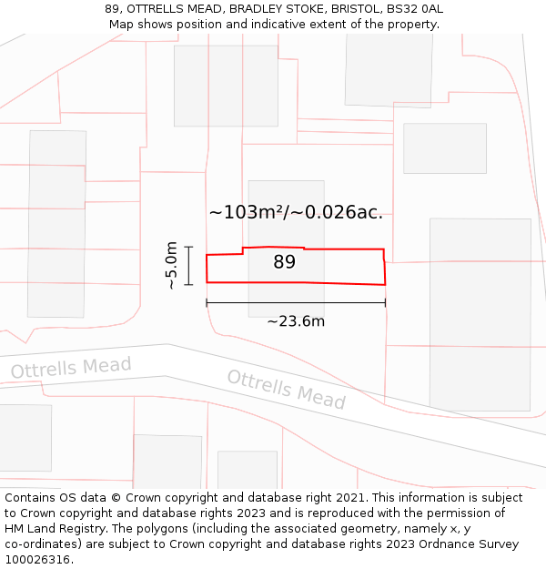 89, OTTRELLS MEAD, BRADLEY STOKE, BRISTOL, BS32 0AL: Plot and title map