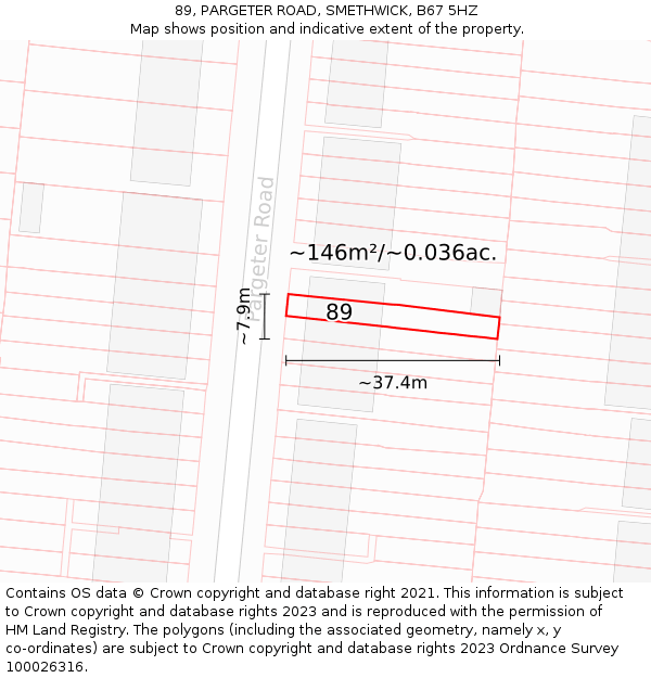 89, PARGETER ROAD, SMETHWICK, B67 5HZ: Plot and title map