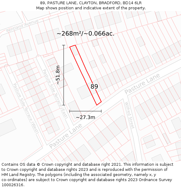 89, PASTURE LANE, CLAYTON, BRADFORD, BD14 6LR: Plot and title map