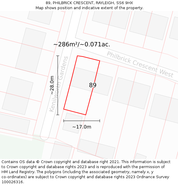 89, PHILBRICK CRESCENT, RAYLEIGH, SS6 9HX: Plot and title map