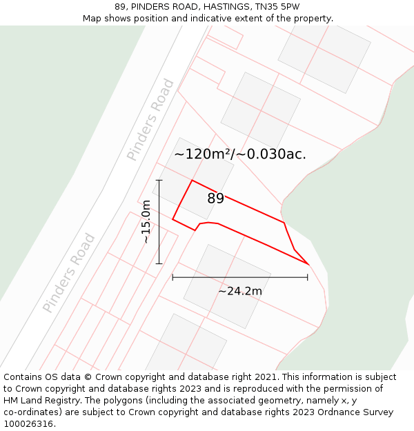 89, PINDERS ROAD, HASTINGS, TN35 5PW: Plot and title map