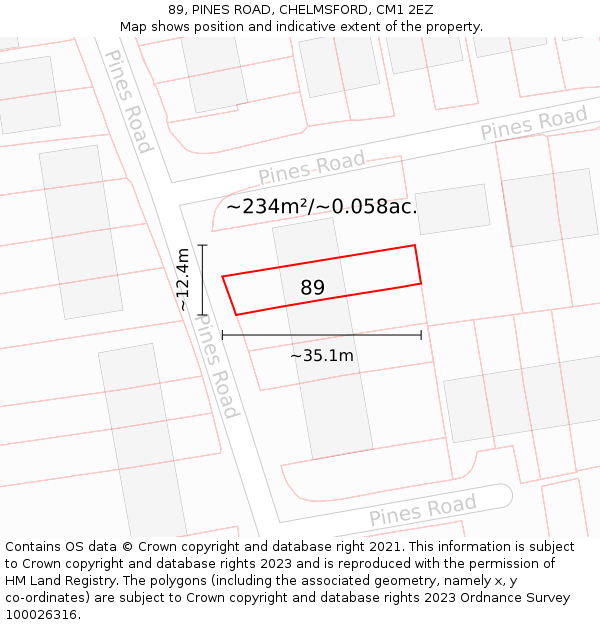 89, PINES ROAD, CHELMSFORD, CM1 2EZ: Plot and title map