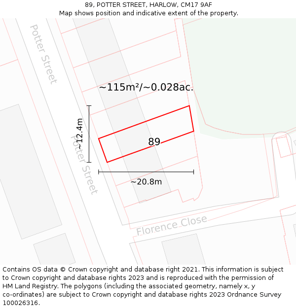 89, POTTER STREET, HARLOW, CM17 9AF: Plot and title map