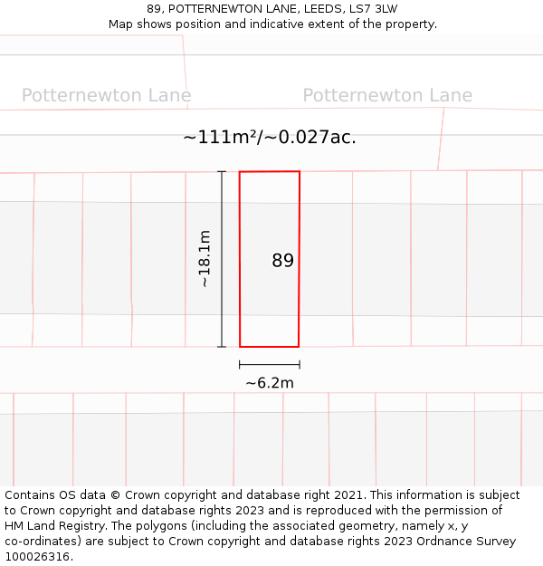 89, POTTERNEWTON LANE, LEEDS, LS7 3LW: Plot and title map