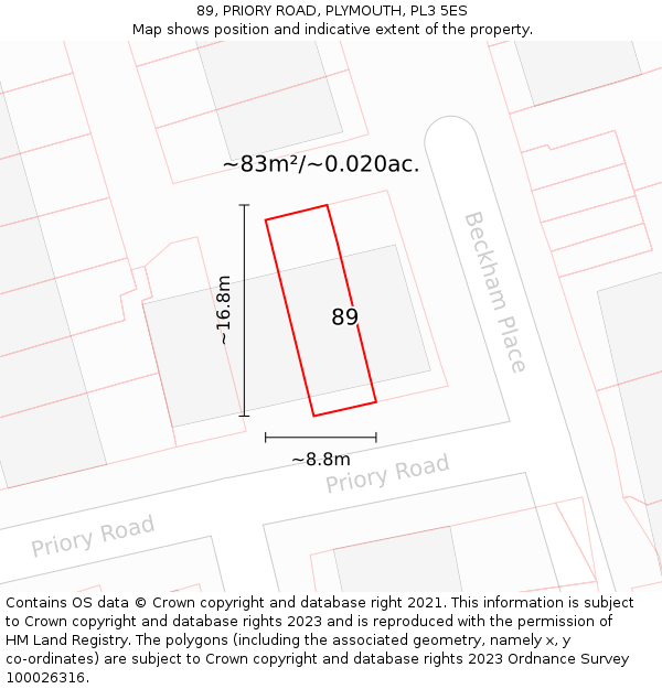 89, PRIORY ROAD, PLYMOUTH, PL3 5ES: Plot and title map