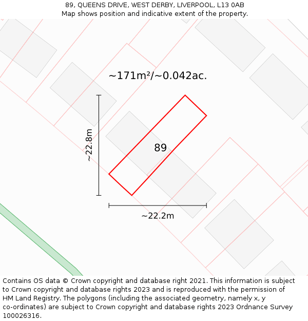 89, QUEENS DRIVE, WEST DERBY, LIVERPOOL, L13 0AB: Plot and title map