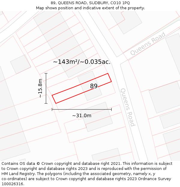 89, QUEENS ROAD, SUDBURY, CO10 1PQ: Plot and title map