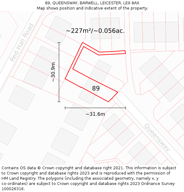 89, QUEENSWAY, BARWELL, LEICESTER, LE9 8AX: Plot and title map