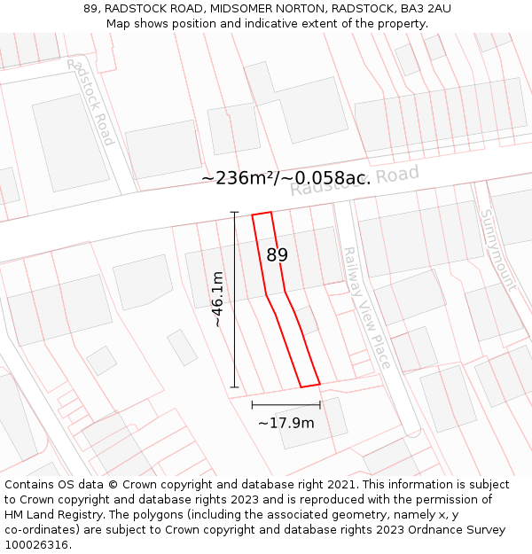 89, RADSTOCK ROAD, MIDSOMER NORTON, RADSTOCK, BA3 2AU: Plot and title map